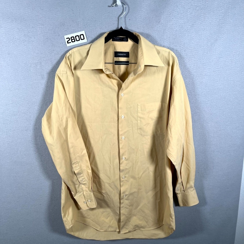 Liz Claiborne Dress Shirt Men 16 Beige Cotton Pleated Wrinkle Free Formal Oxford